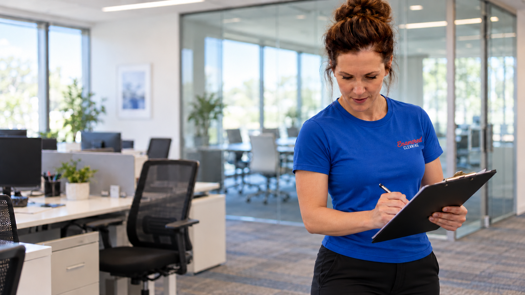 Enamored Cleaning team member with a clipboard walking through a modern office during a cleaning walkthrough
